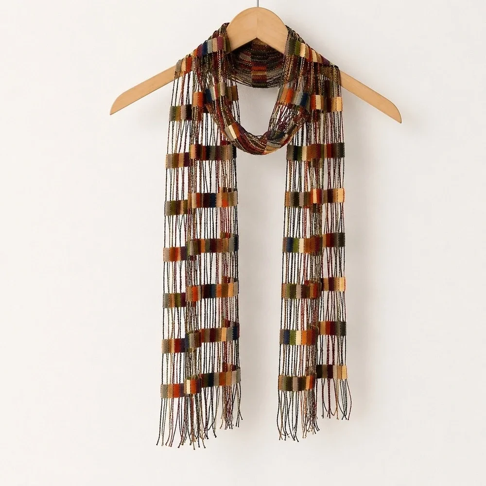 Gritty Boho Woven Ladder Scarf Womens Earth Tone Fringe Granola Chic